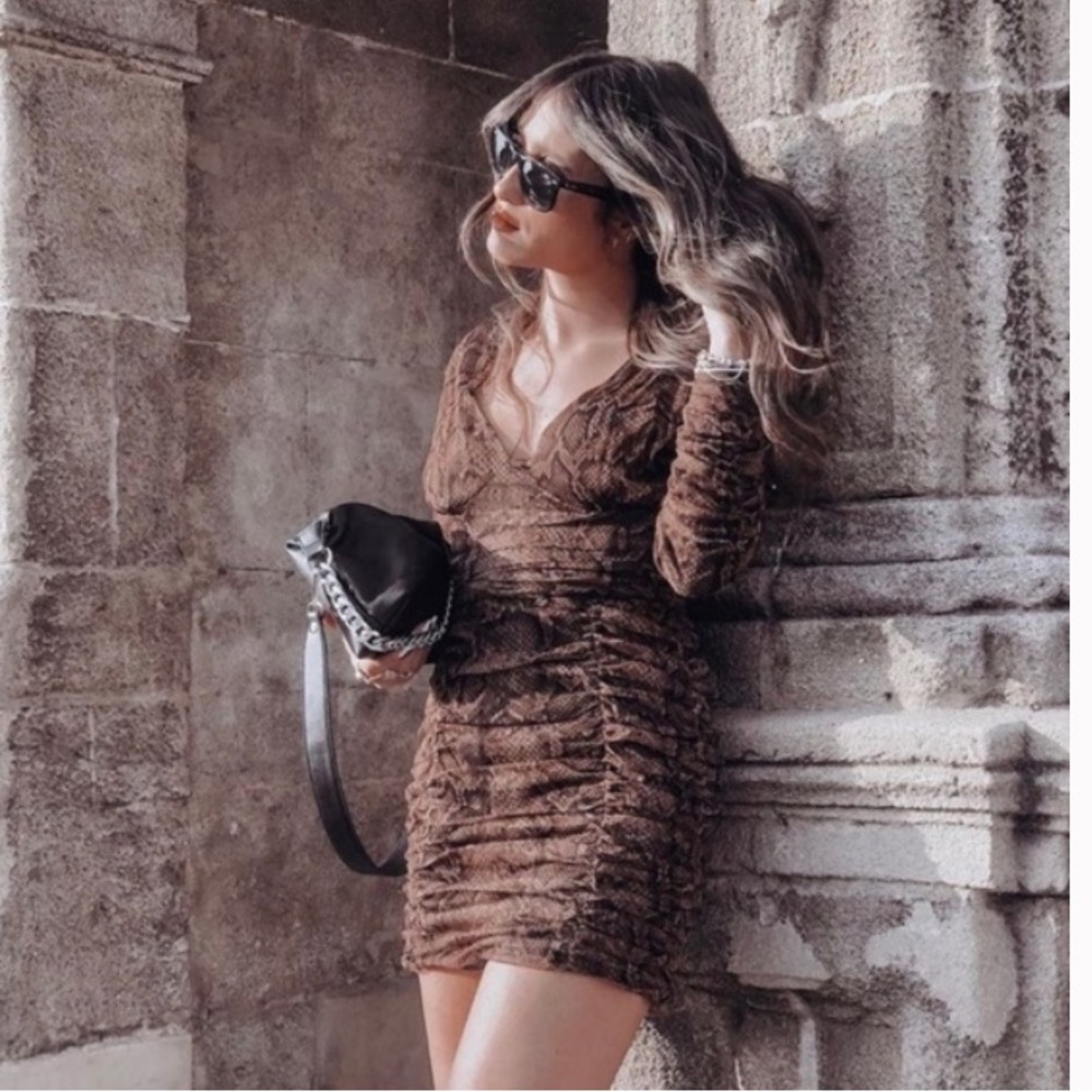 NWT Zara trendy beautiful animal print draped tulle mini dress, V neck, size S